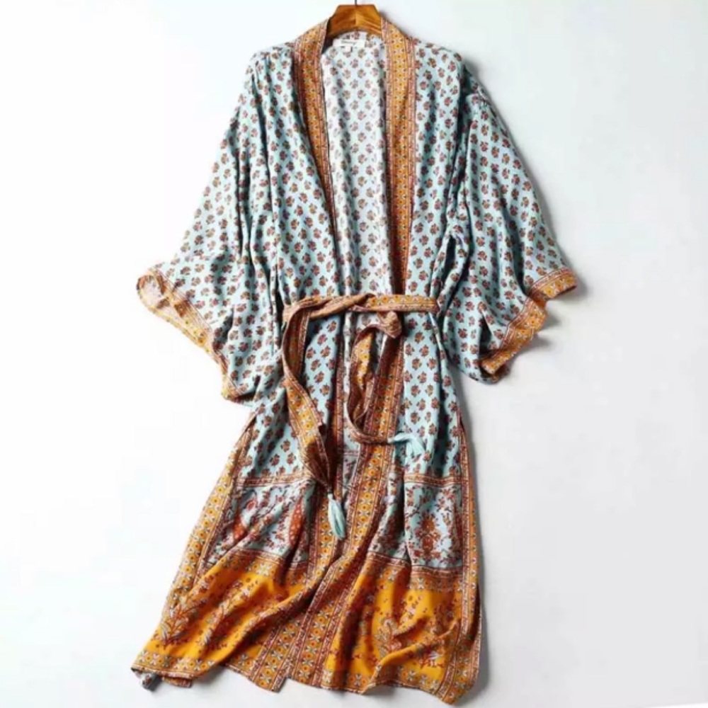 Bohemian Rust & Turquoise Kimono Wrap Coverup - Picture 5 of 7